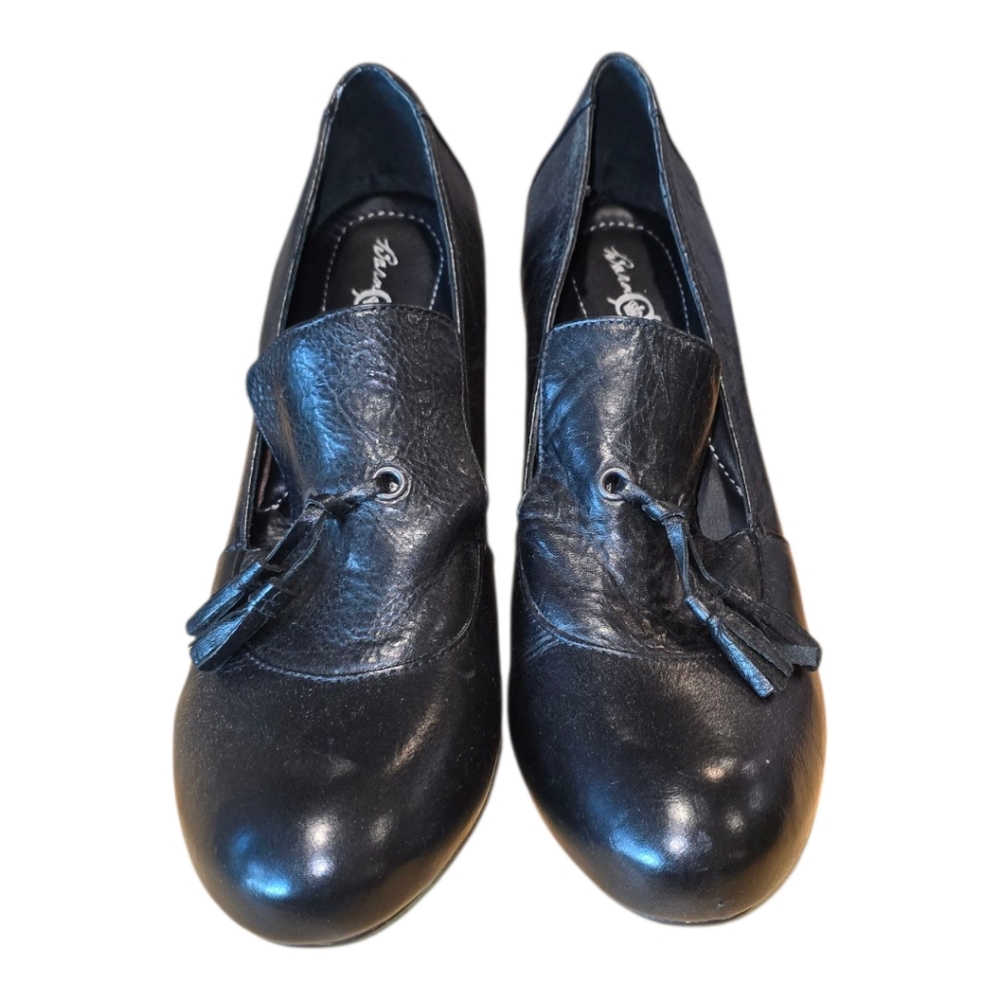 Born Crown Kylin Merlino Granny Black Tassel Leather‎ Stacked Block Heel Size 11